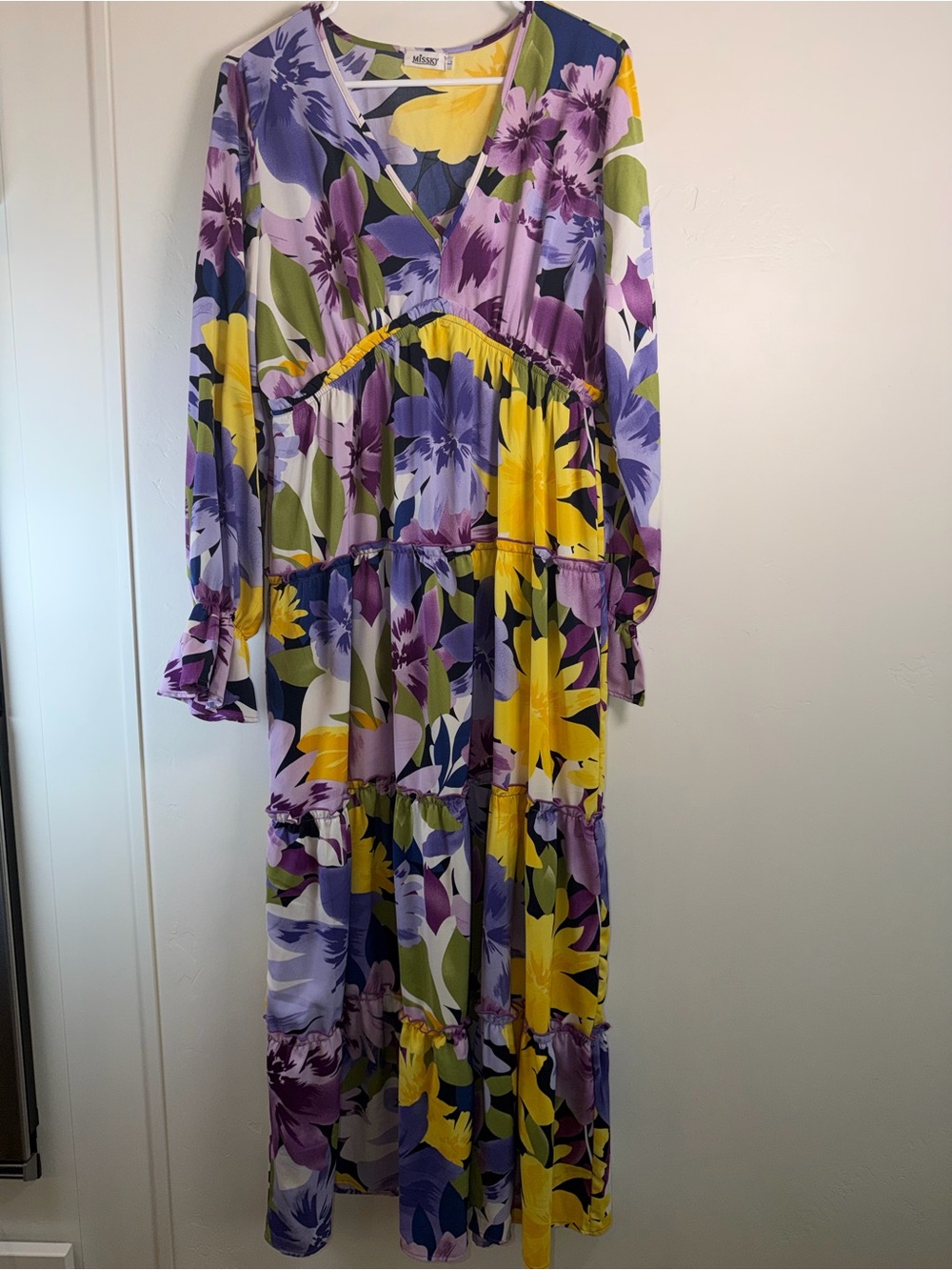 Floral Boho Midi Dress Tiered Ruffle Sleeve V Neck Purple Yellow
